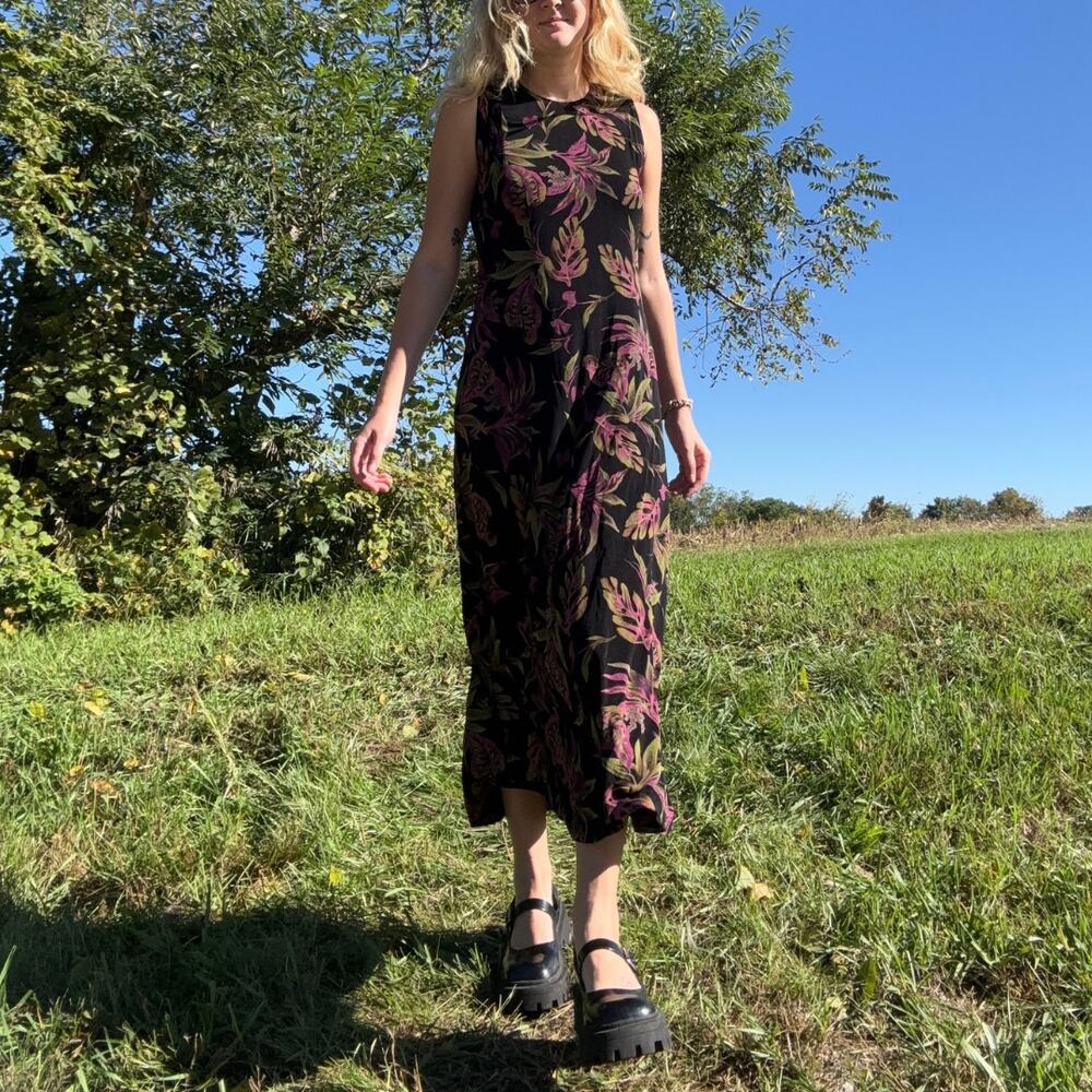 Vintage 90s Ronni Nicole Black Pink Floral Tropical Maxi Dress Whimsigoth Large